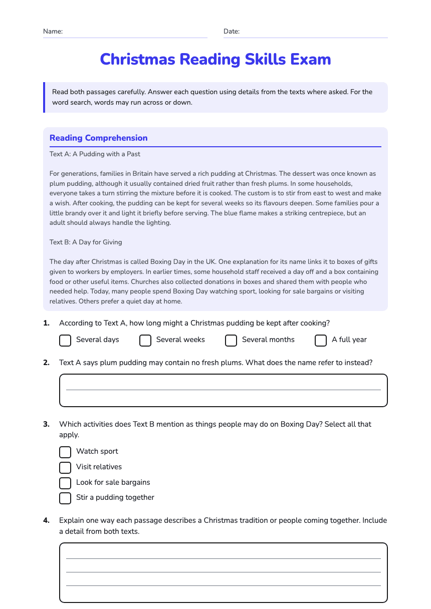 Christmas Reading Skills Exam worksheet preview