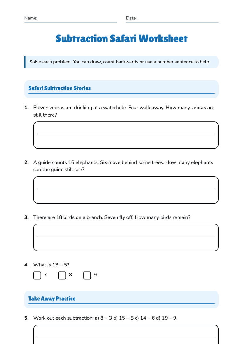 Subtraction Safari Worksheet