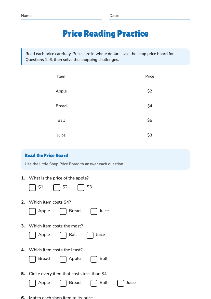 Price Reading Practice worksheet preview