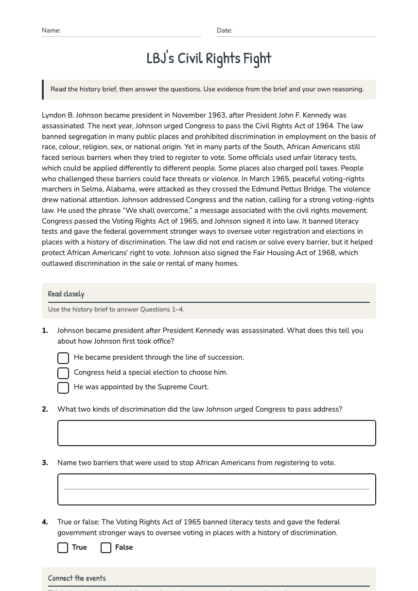 LBJ's Civil Rights Fight worksheet preview