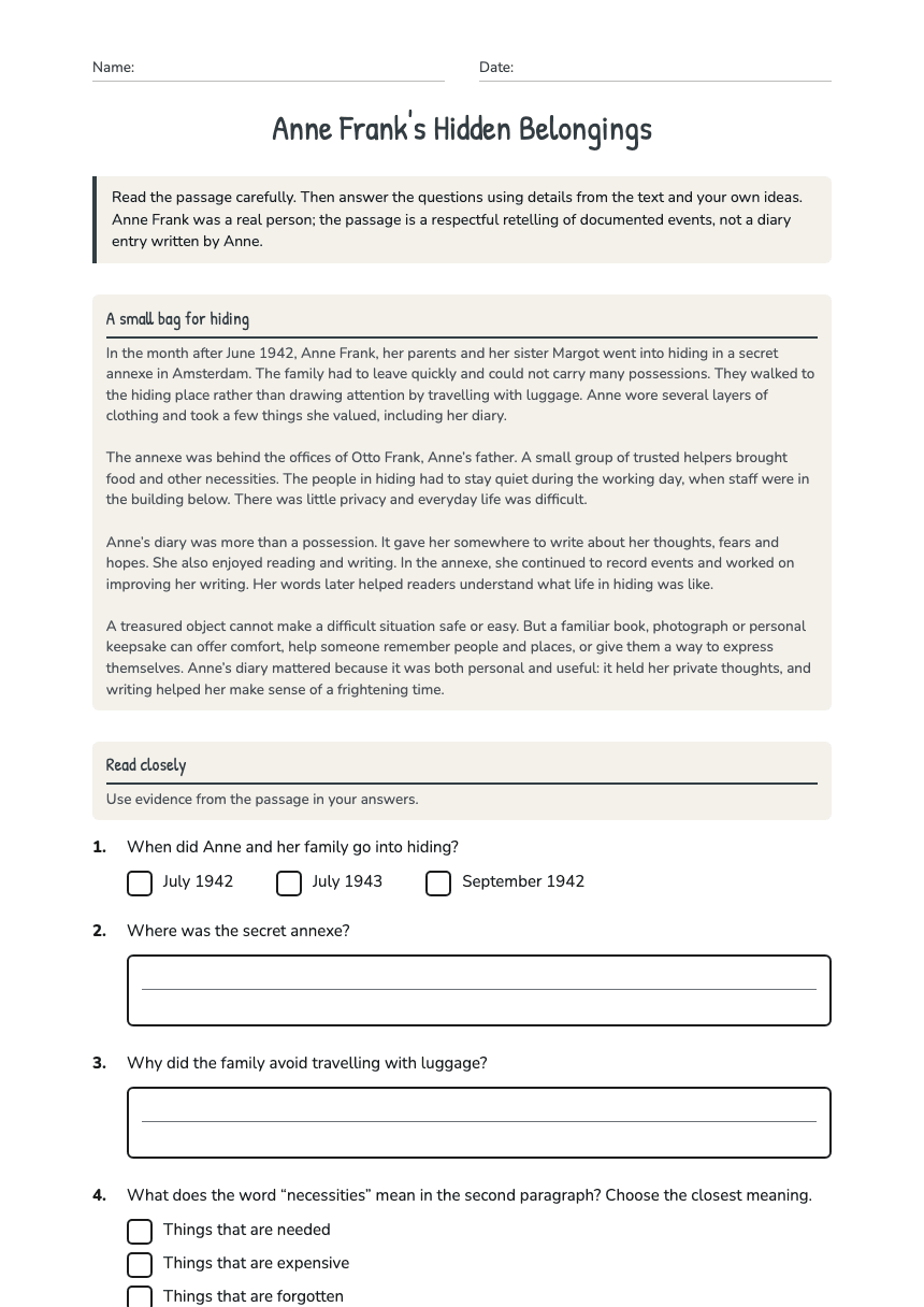 Anne Frank's Hidden Belongings worksheet preview