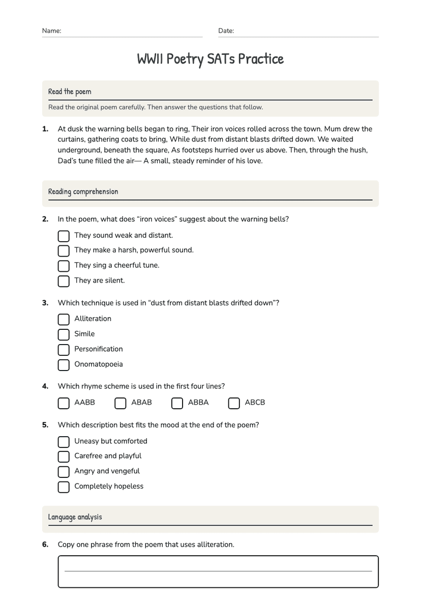 WWII Poetry SATs Practice