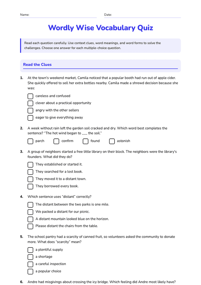 Wordly Wise Vocabulary Quiz
