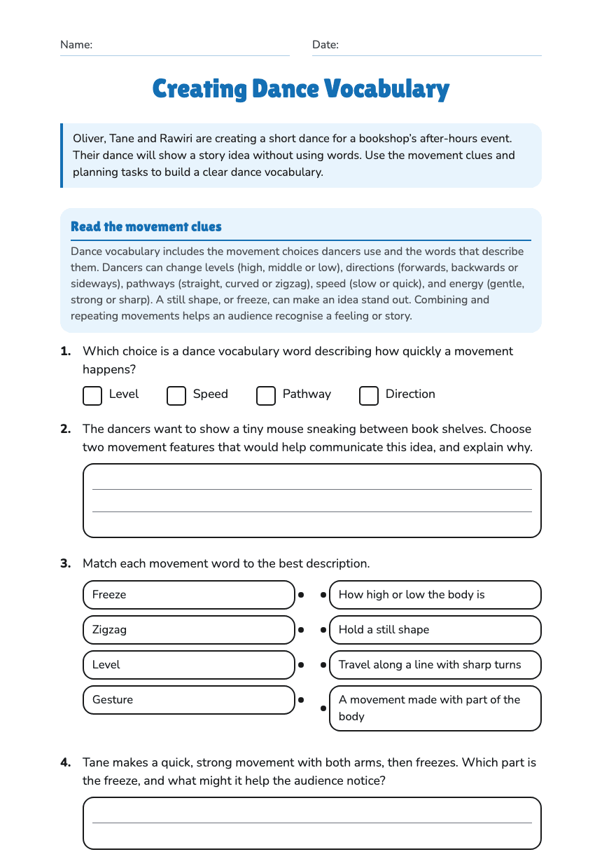 Creating Dance Vocabulary worksheet preview
