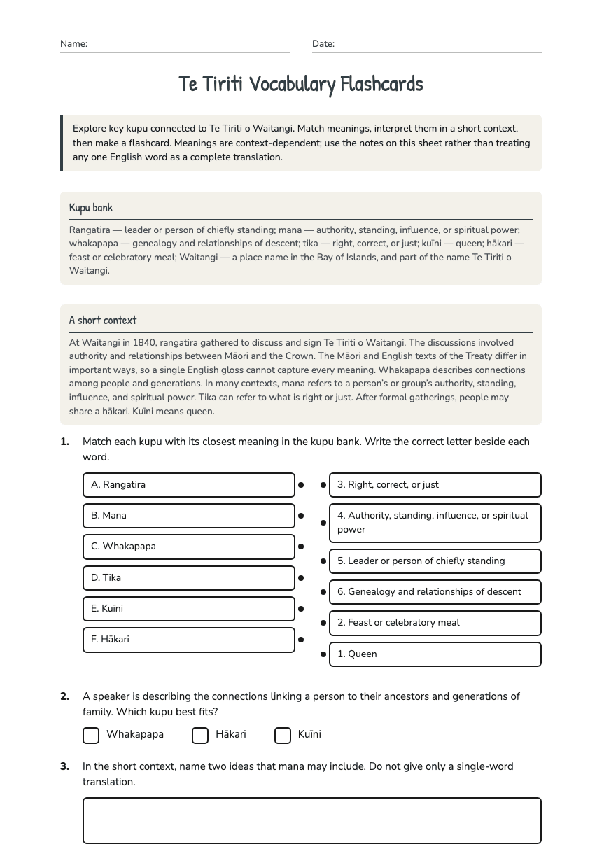 Te Tiriti Vocabulary Flashcards worksheet preview