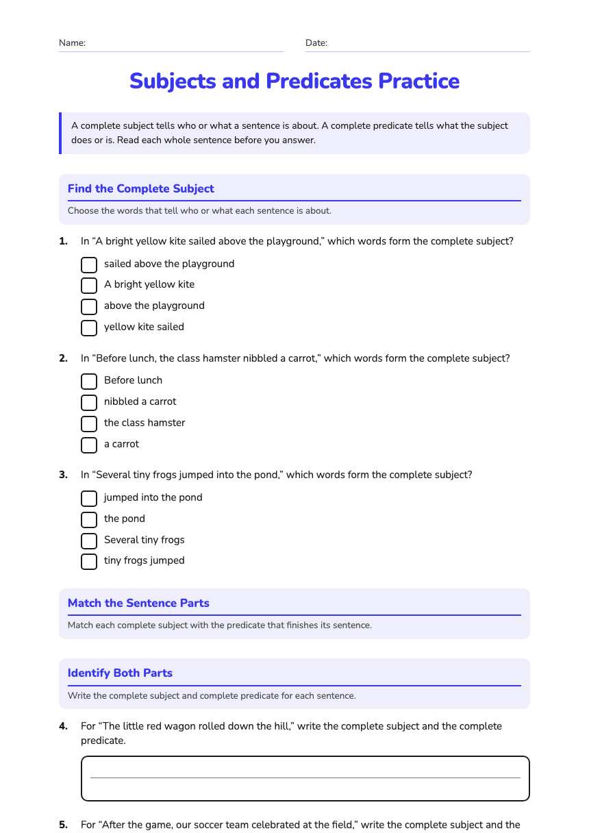 Subjects and Predicates Practice worksheet preview
