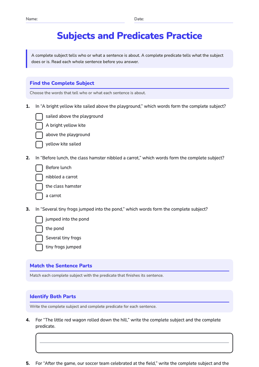 Subjects and Predicates Practice