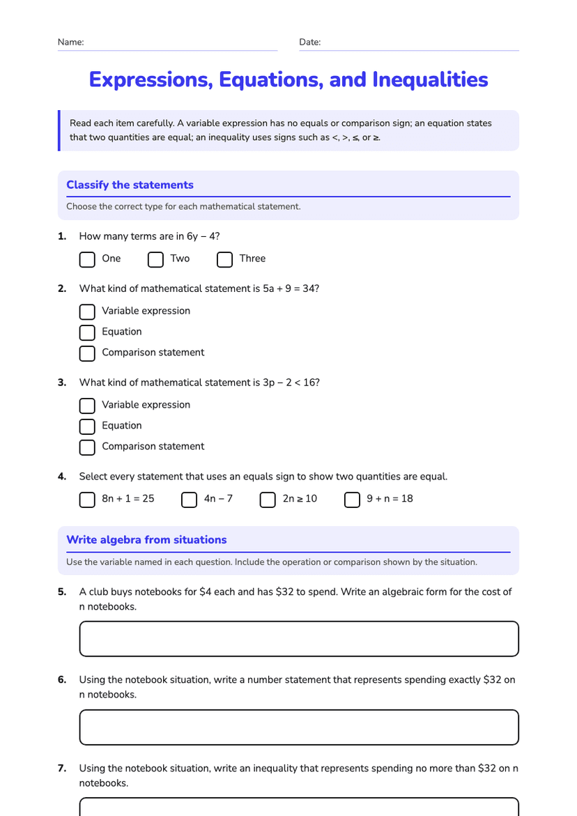 Expressions, Equations, and Inequalities