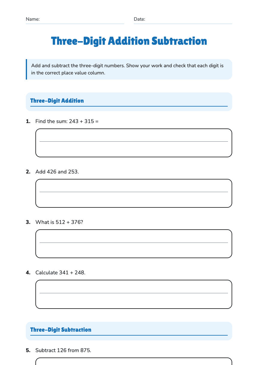 Three-Digit Addition Subtraction worksheet preview