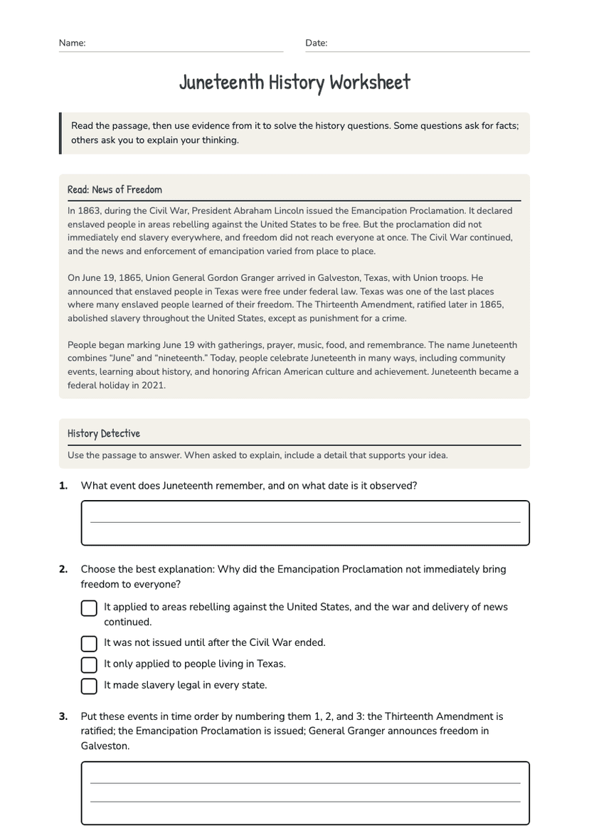 Juneteenth History Worksheet