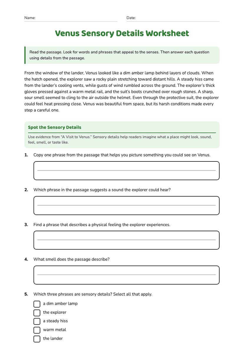 Venus Sensory Details Worksheet
