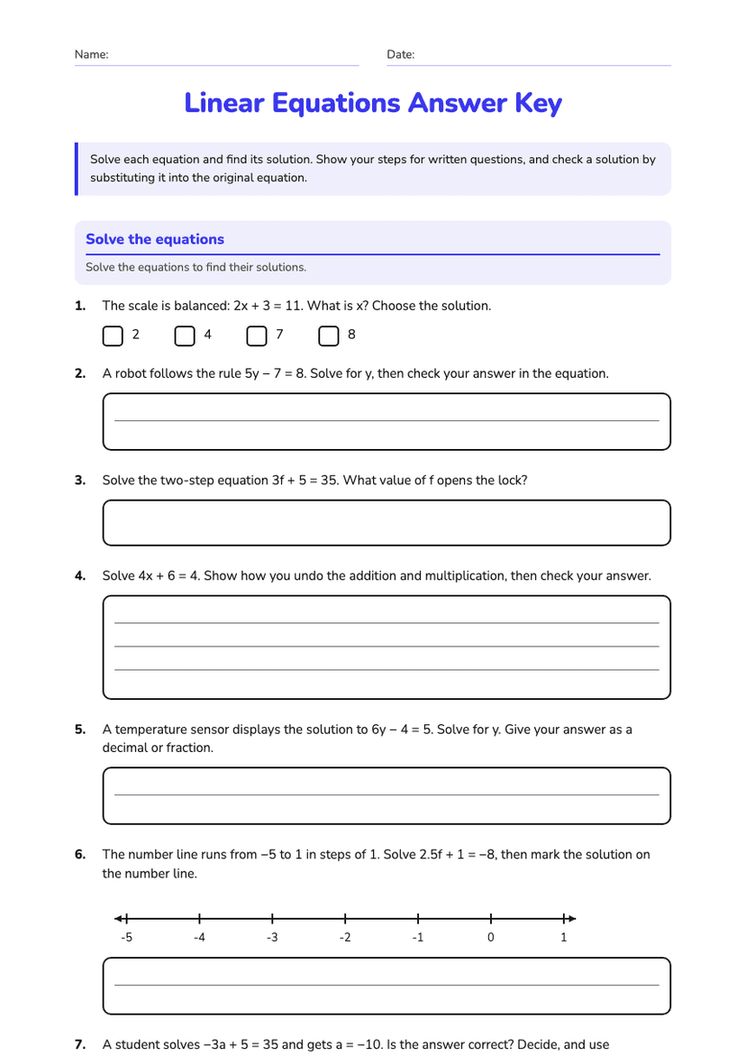 Linear Equations Answer Key