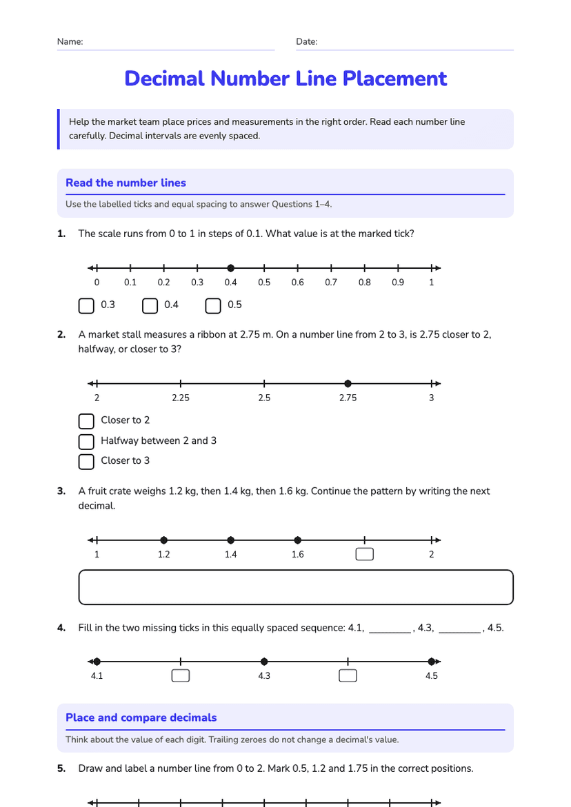 Decimal Number Line Placement