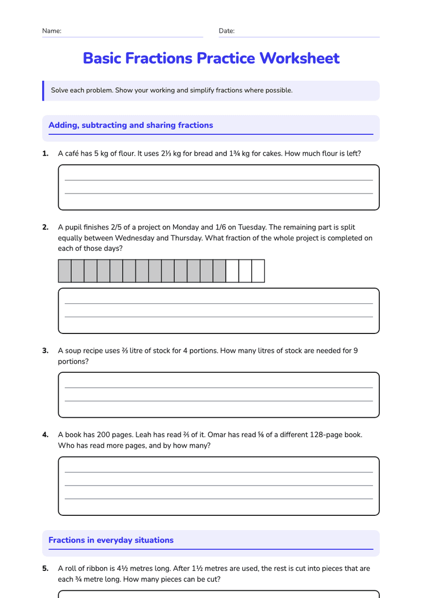 Basic Fractions Practice Worksheet