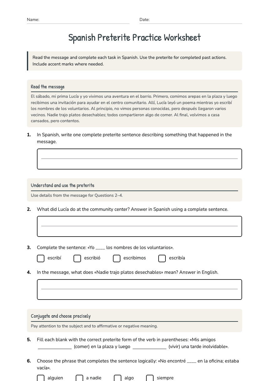 Spanish Preterite Practice Worksheet worksheet preview