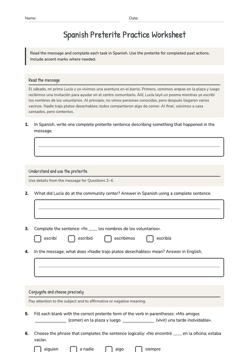 Spanish Preterite Practice Worksheet