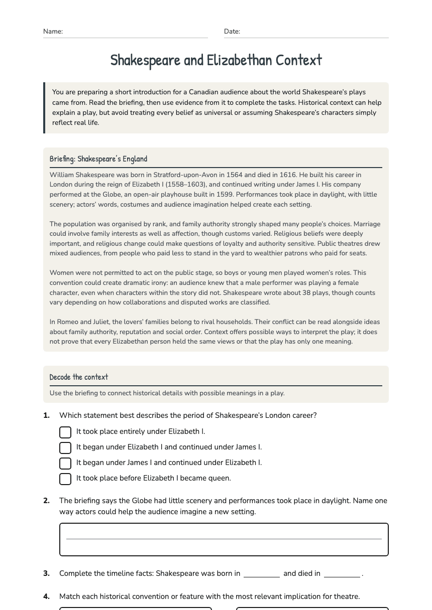 Shakespeare and Elizabethan Context worksheet preview