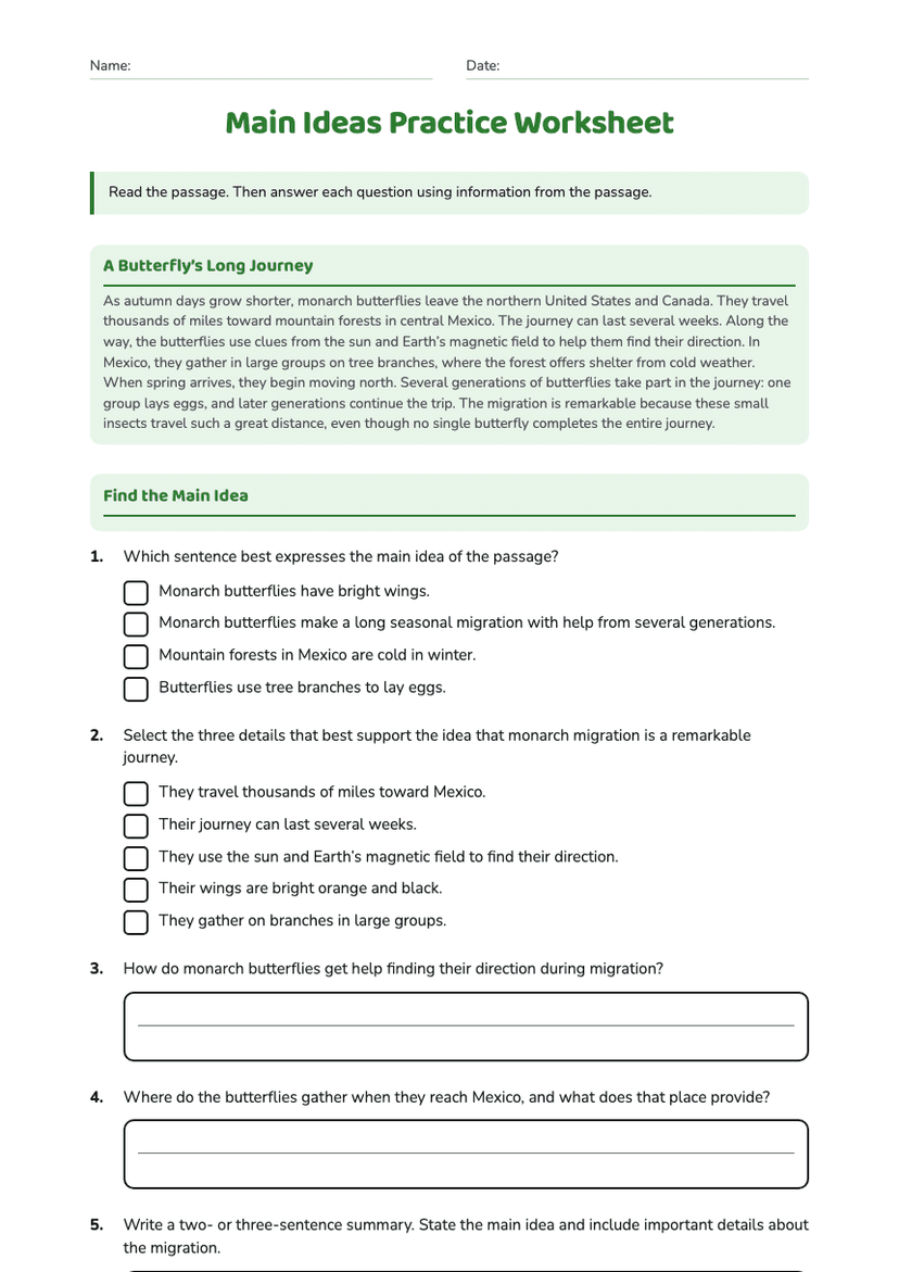 Main Ideas Practice Worksheet