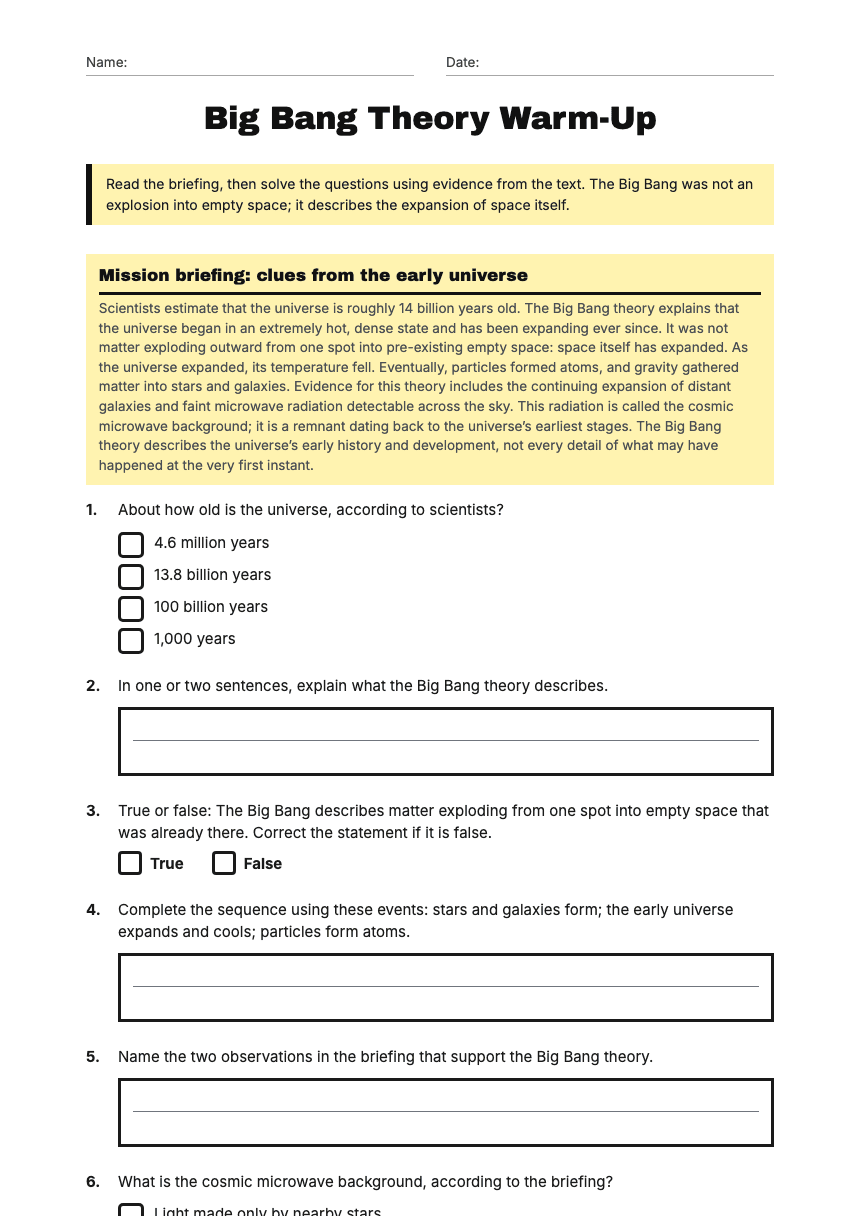 Big Bang Theory Warm-Up worksheet preview