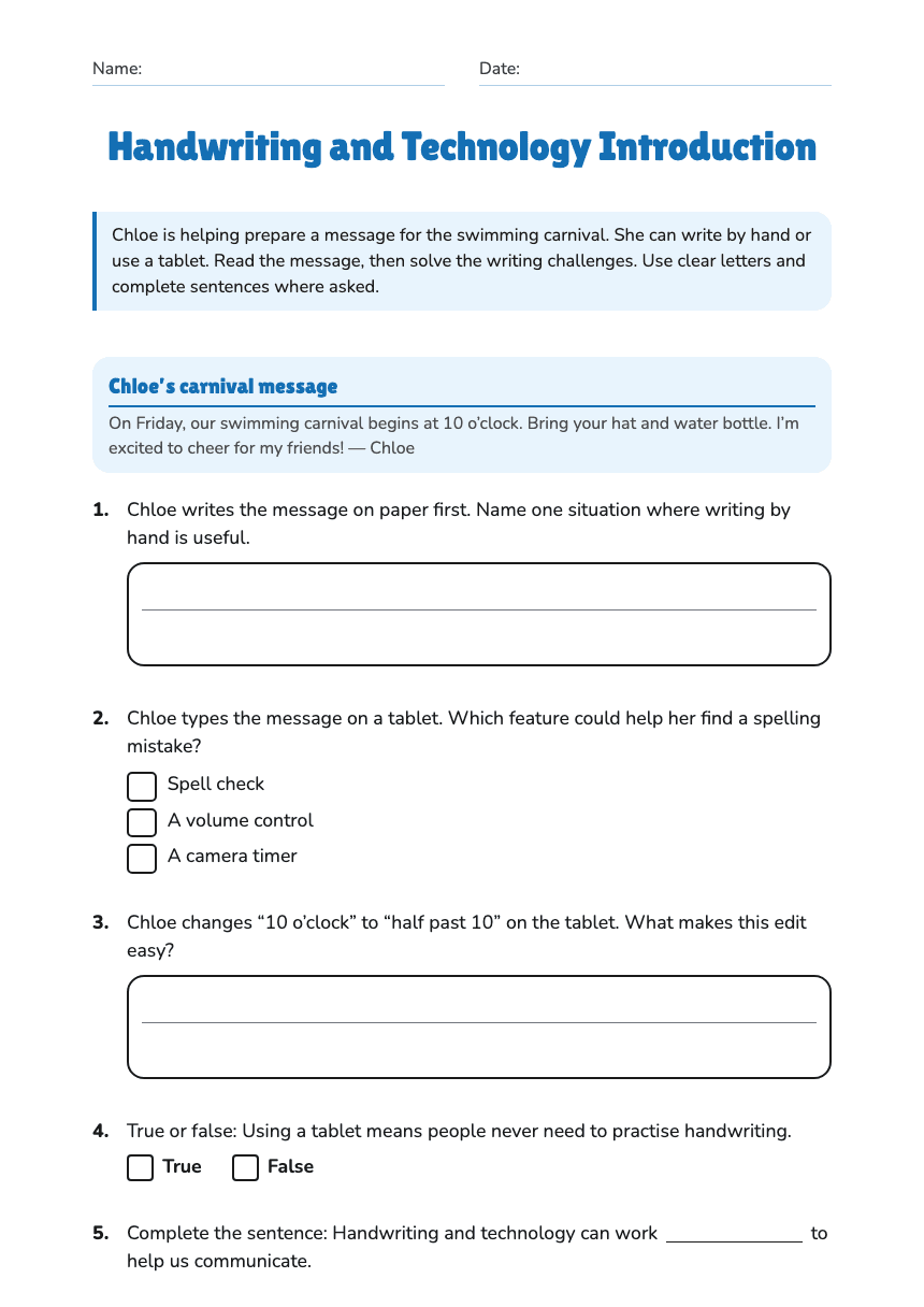 Handwriting and Technology Introduction worksheet preview