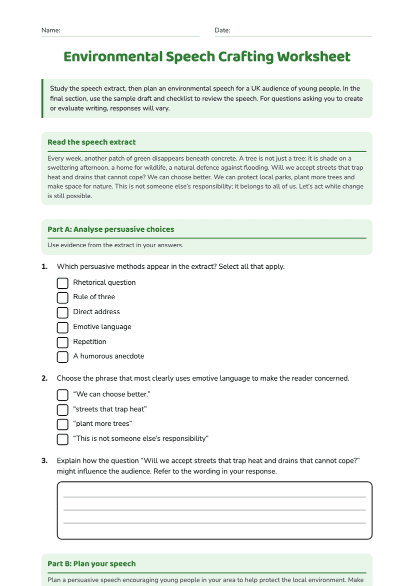 Environmental Speech Crafting Worksheet