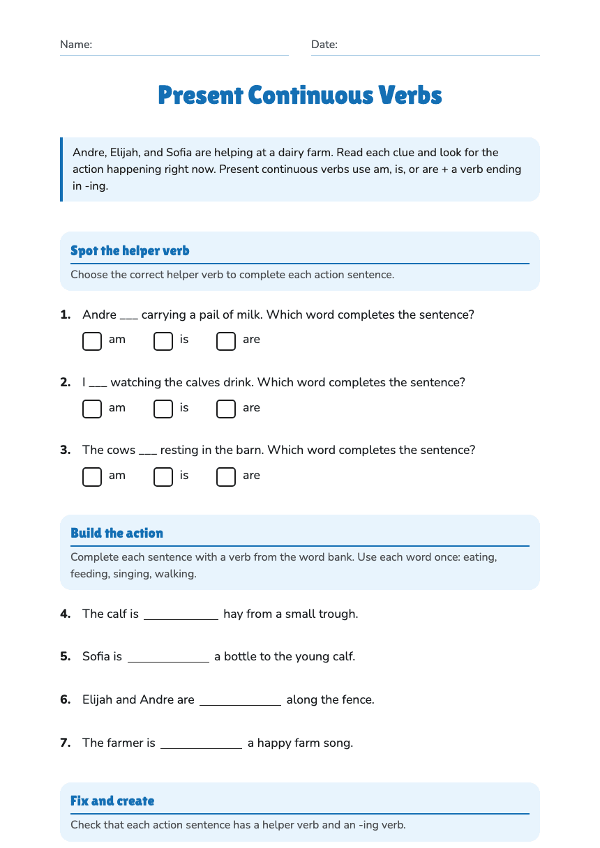 Present Continuous Verbs worksheet preview