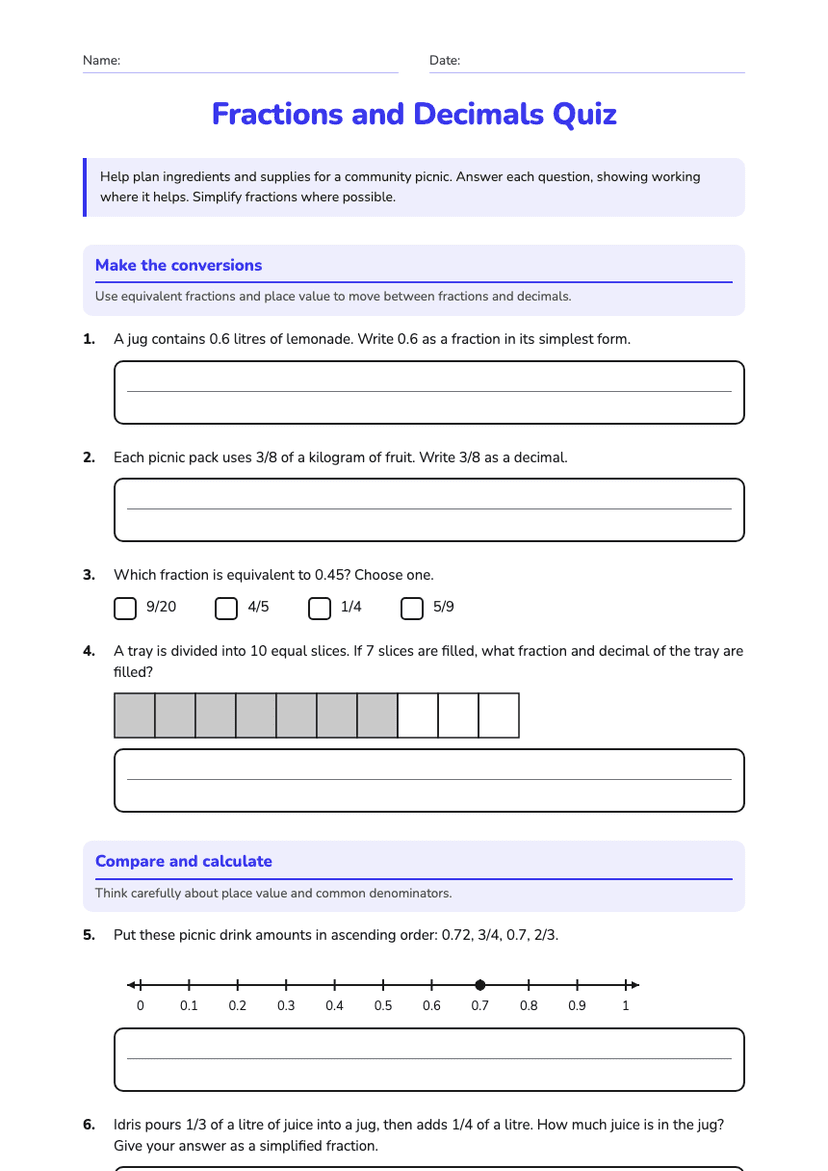 Fractions and Decimals Quiz