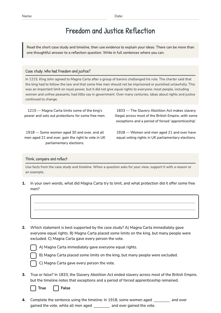 Freedom and Justice Reflection worksheet preview