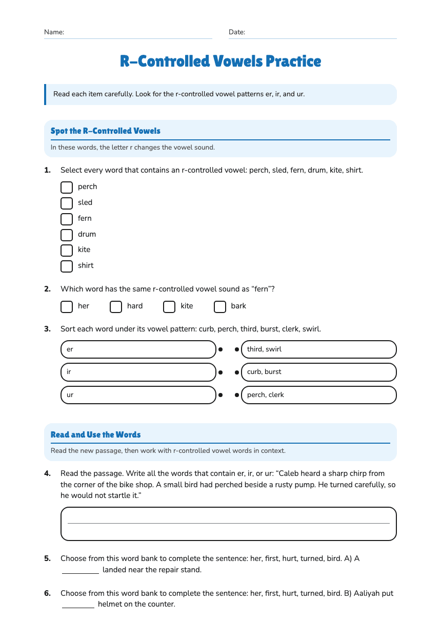 R-Controlled Vowels Practice worksheet preview