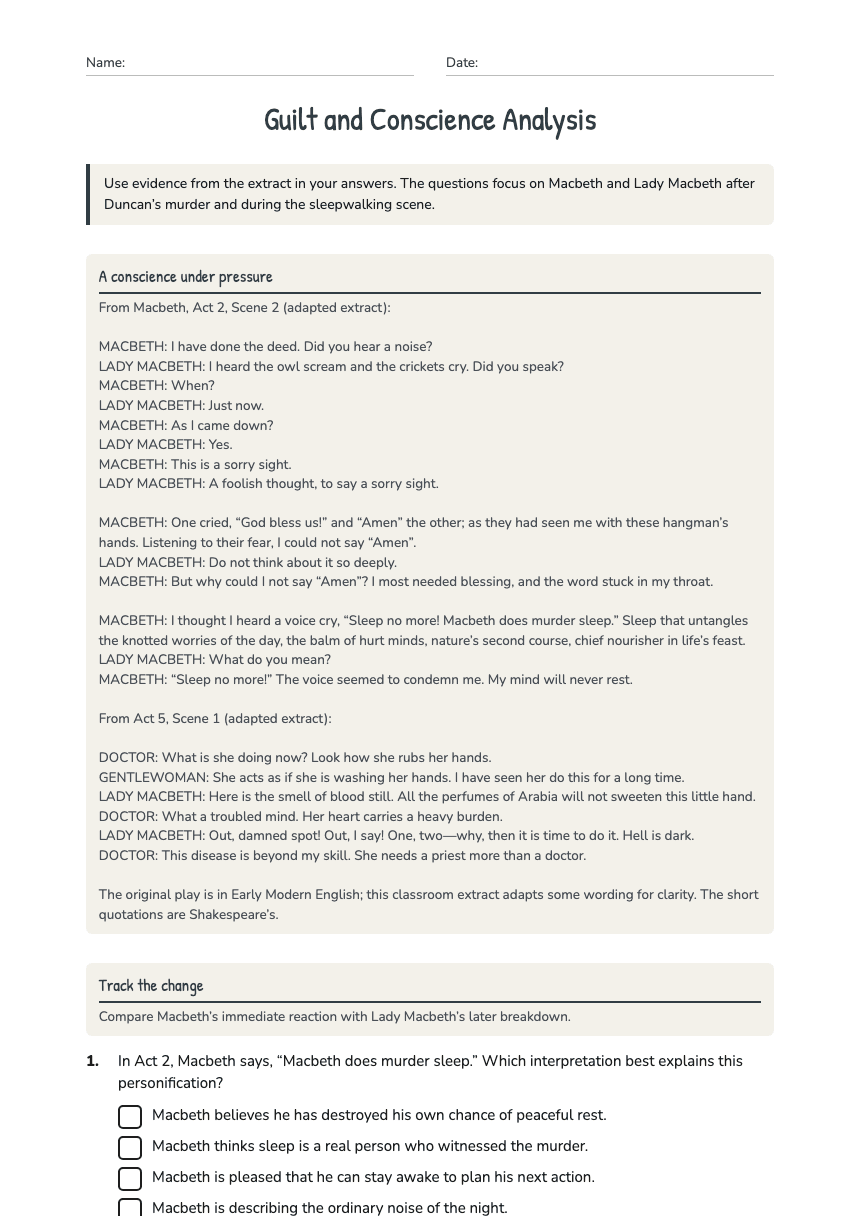 Guilt and Conscience Analysis worksheet preview