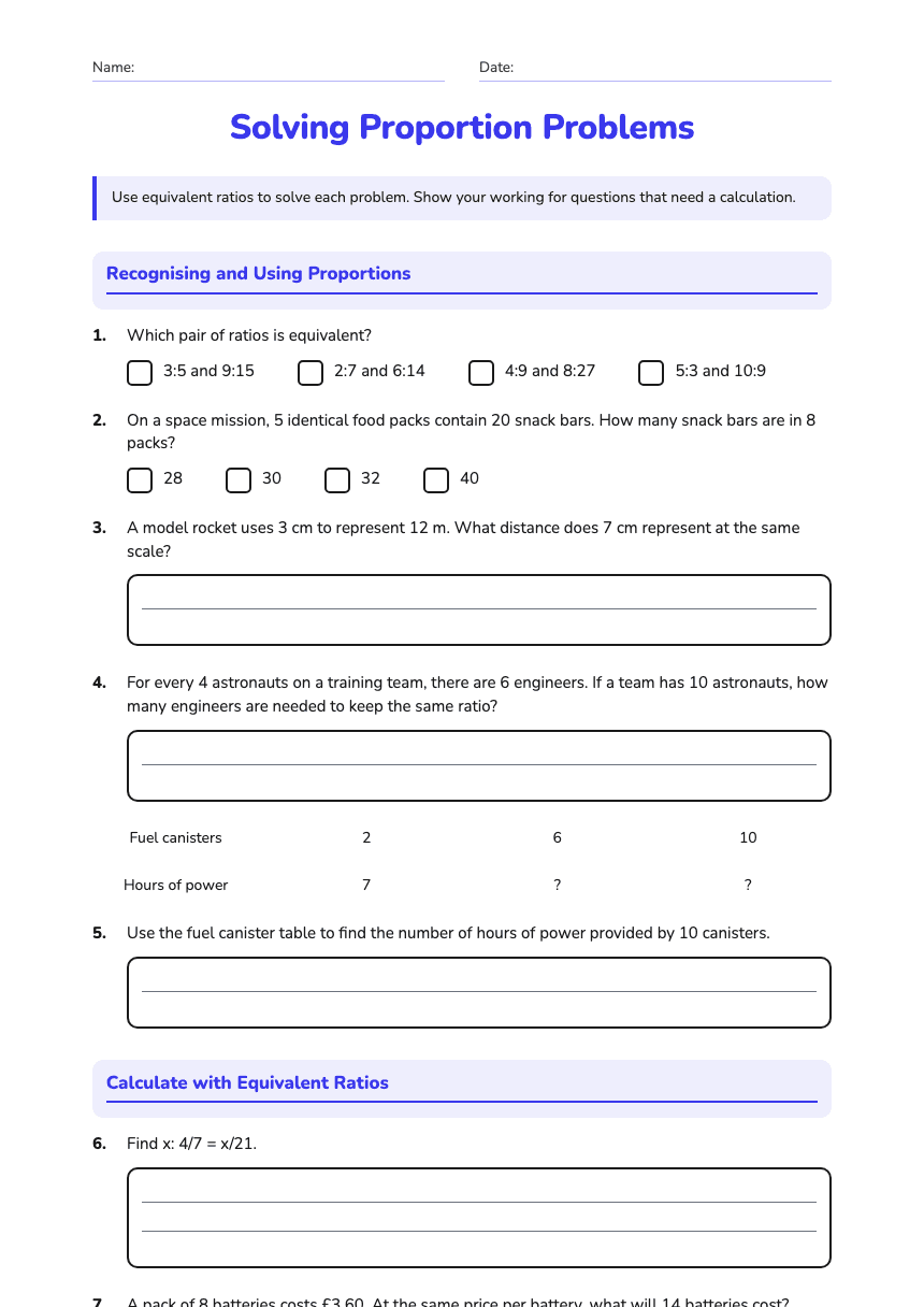 Solving Proportion Problems worksheet preview