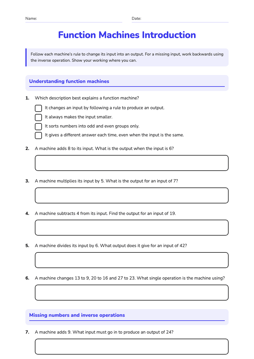 Function Machines Introduction worksheet preview