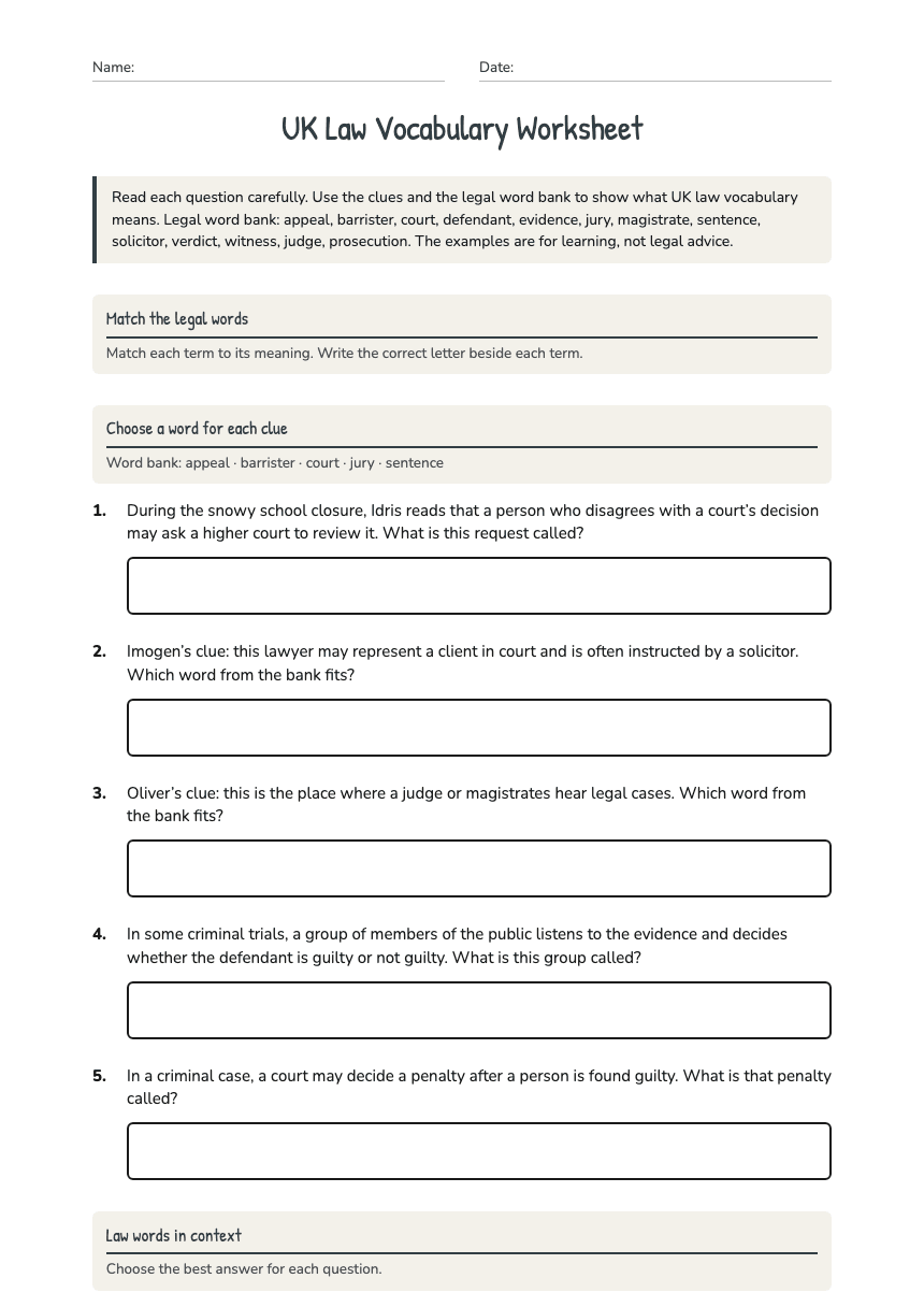 UK Law Vocabulary Worksheet worksheet preview