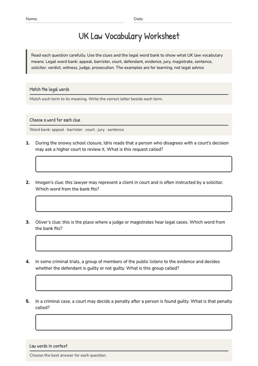 UK Law Vocabulary Worksheet