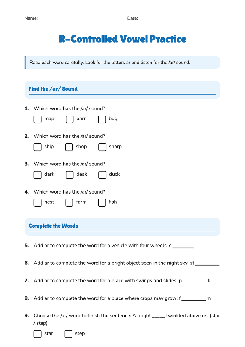 R-Controlled Vowel Practice