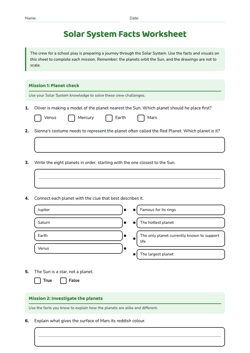 Solar System Facts Worksheet worksheet preview