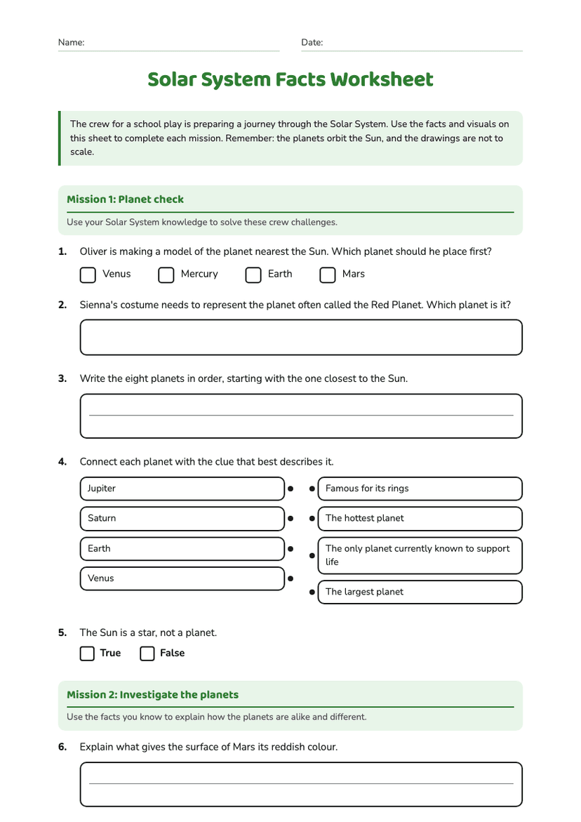 Solar System Facts Worksheet