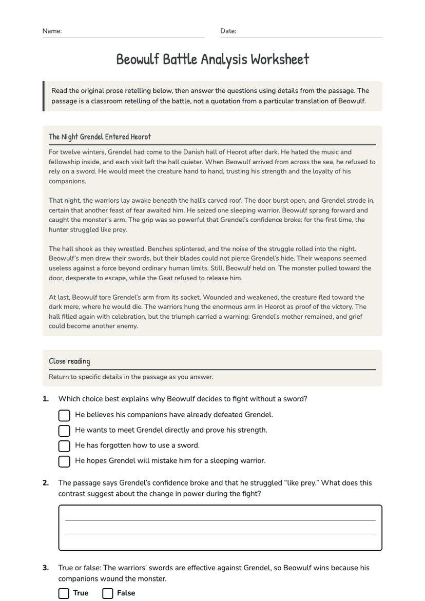 Beowulf Battle Analysis Worksheet