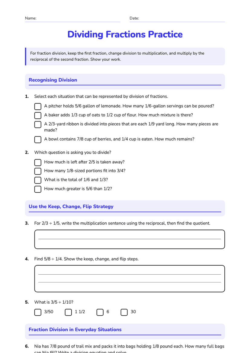 Dividing Fractions Practice
