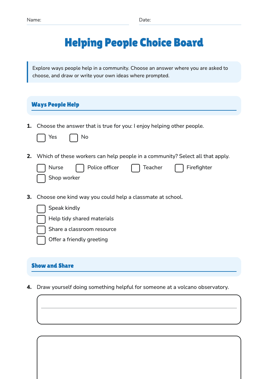 Helping People Choice Board worksheet preview