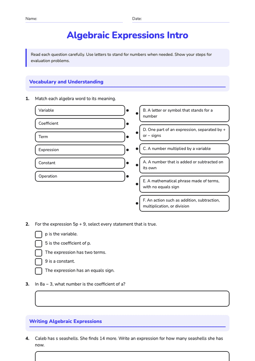 Algebraic Expressions Intro