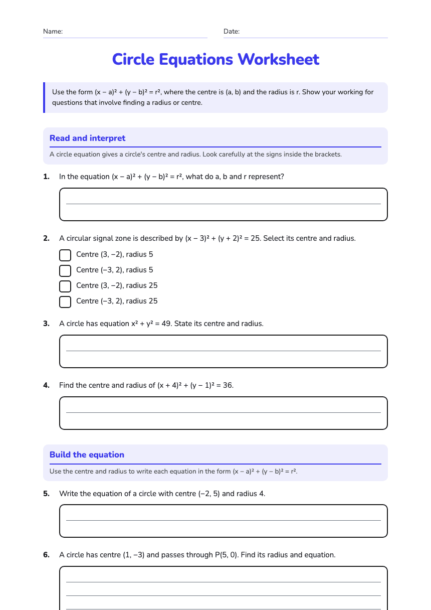 Circle Equations Worksheet worksheet preview