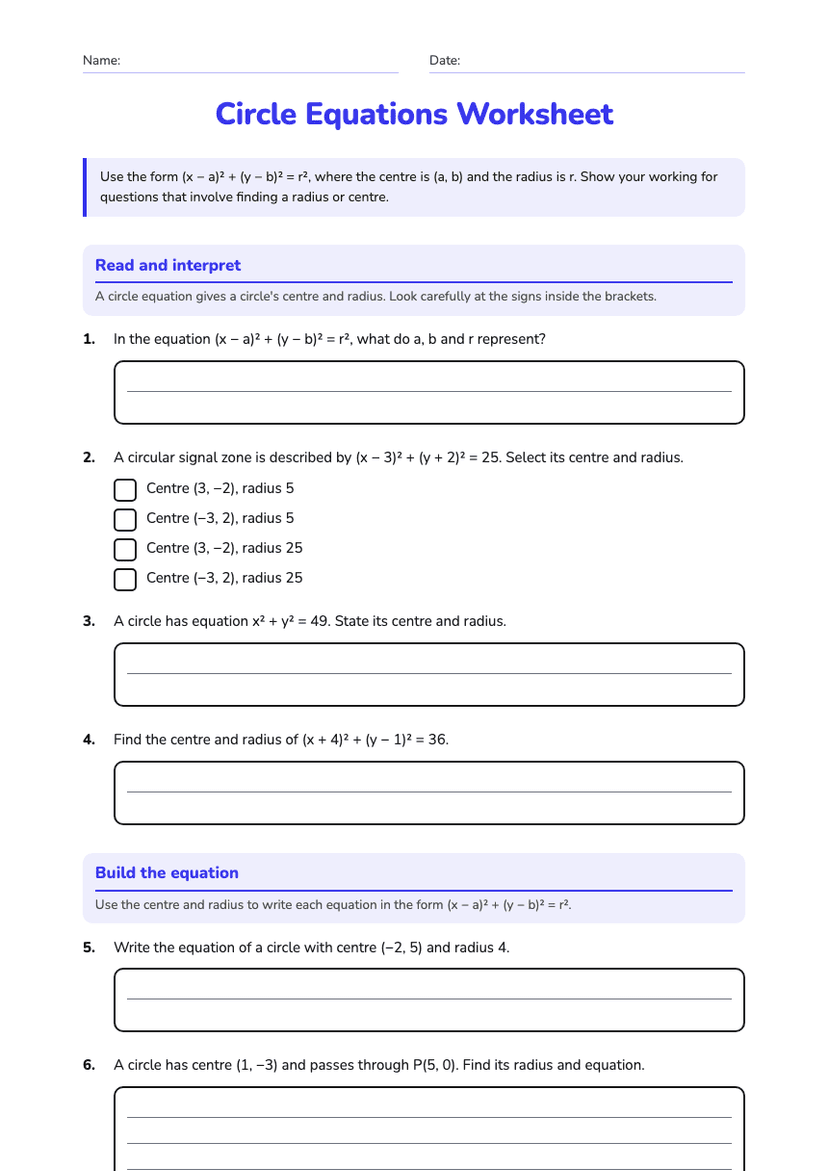 Circle Equations Worksheet