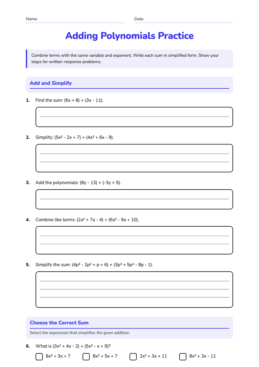 Adding Polynomials Practice