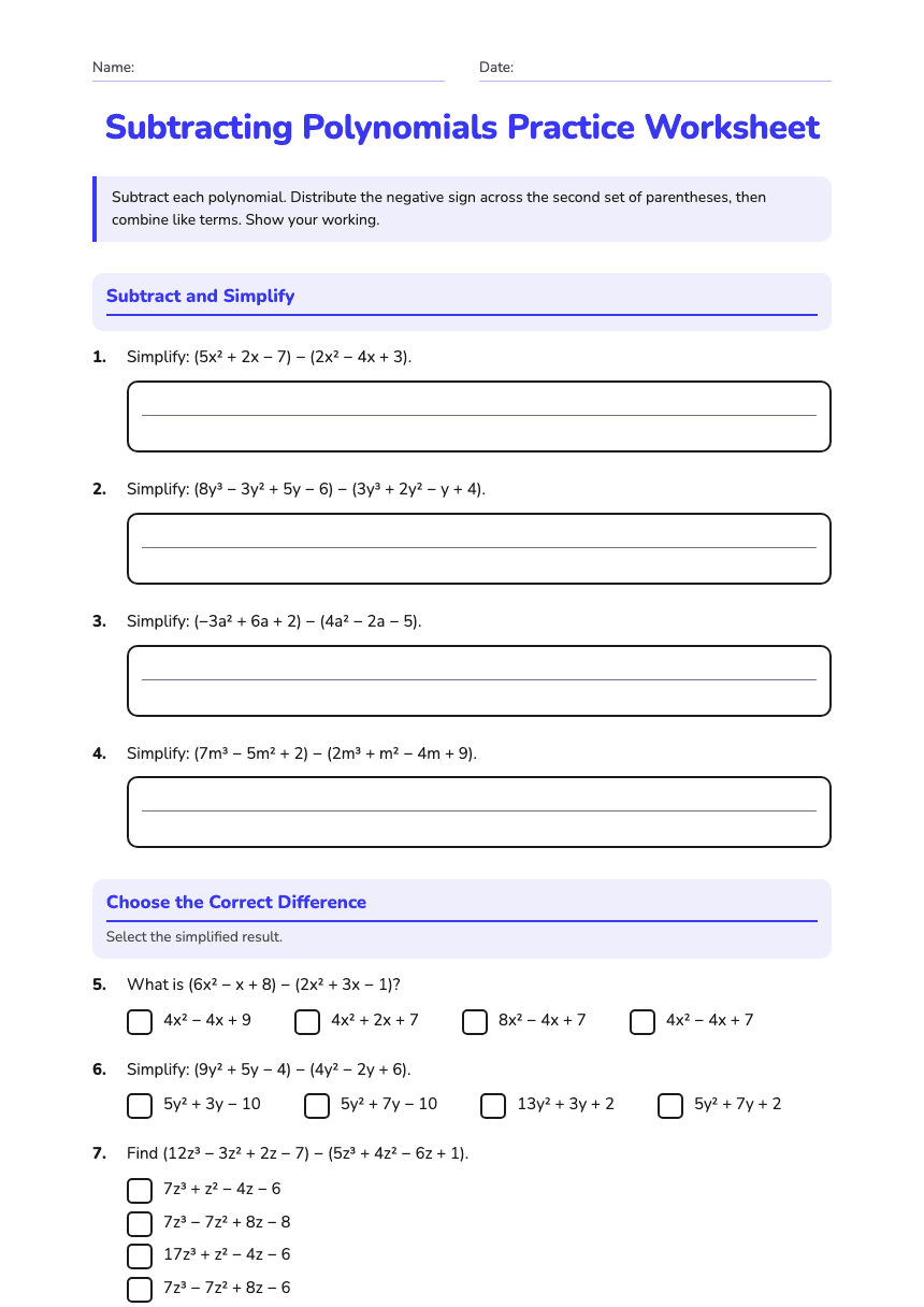 Subtracting Polynomials Practice Worksheet worksheet preview