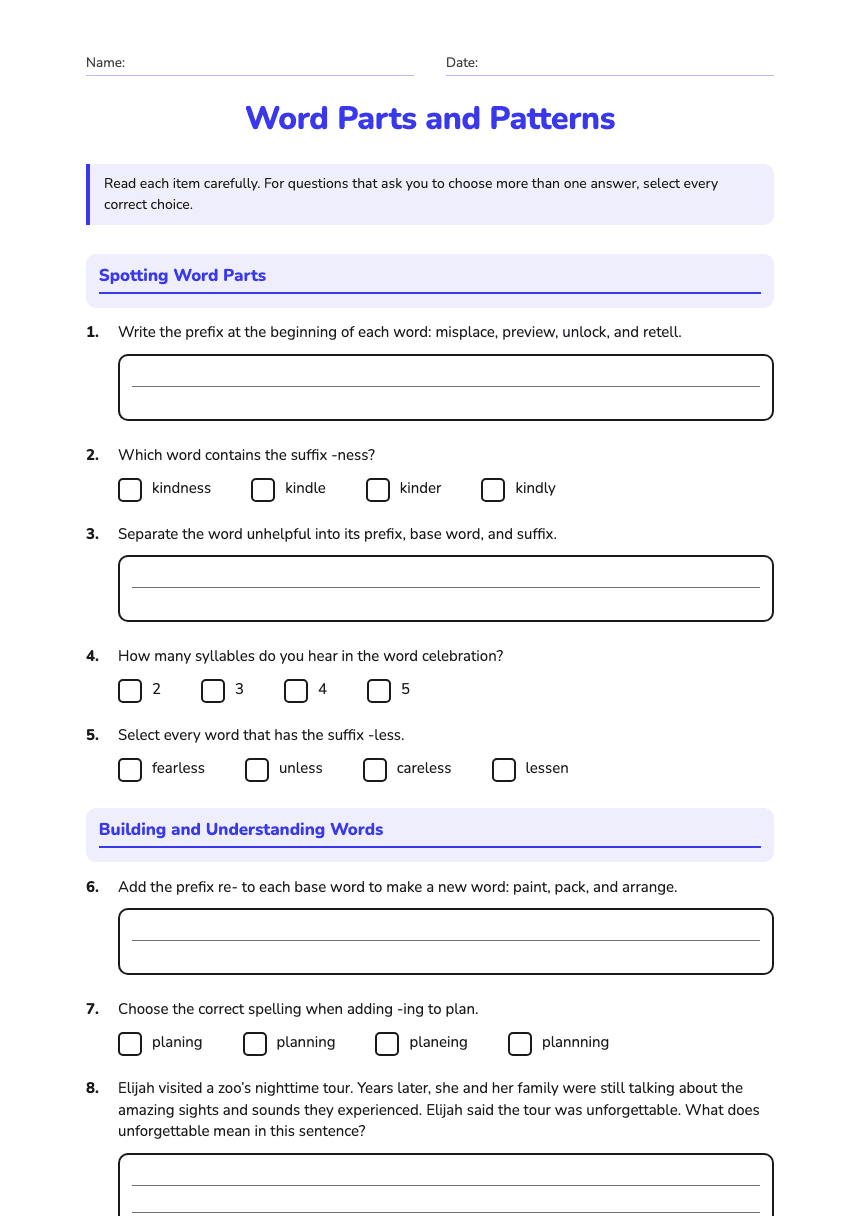 Word Parts and Patterns worksheet preview