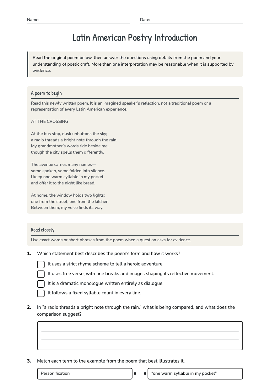 Latin American Poetry Introduction worksheet preview