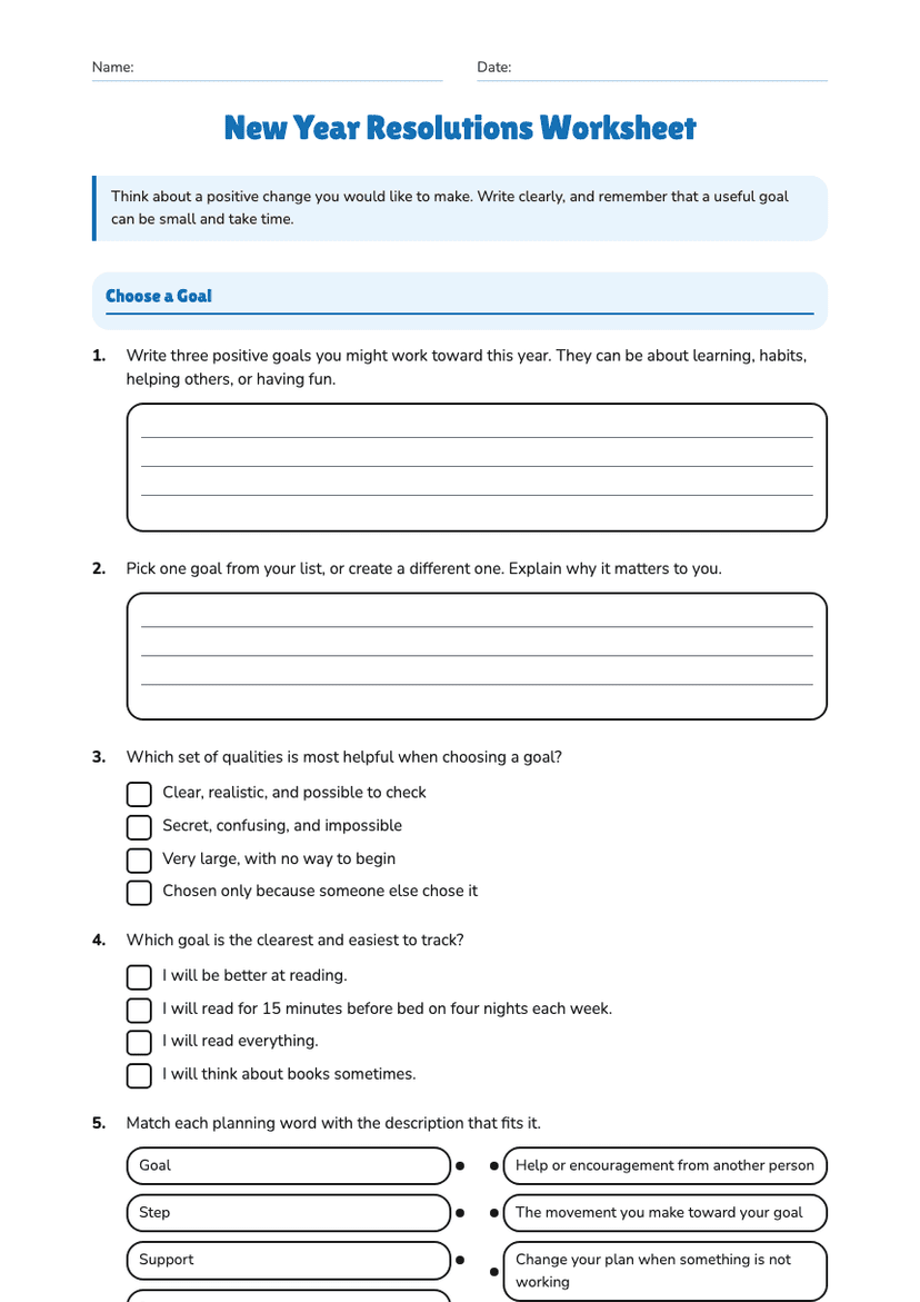 New Year Resolutions Worksheet