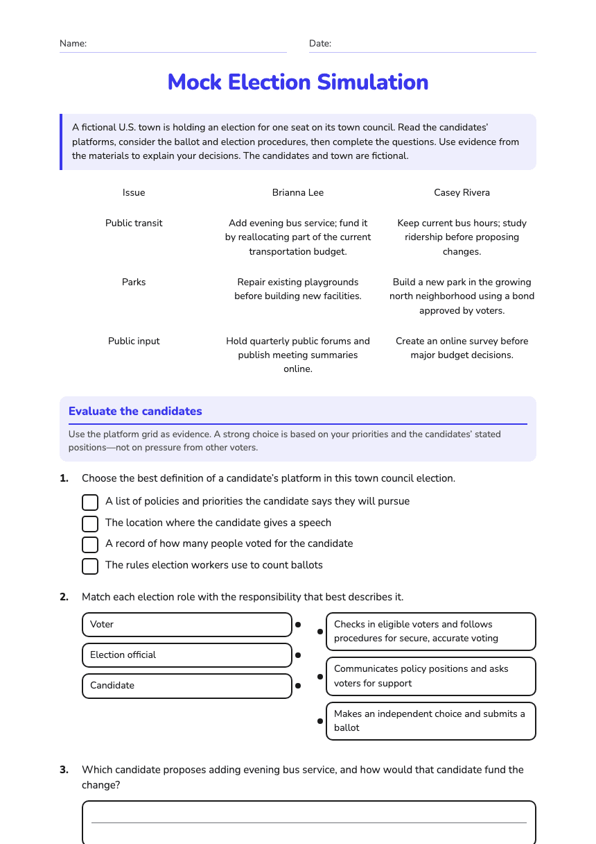Mock Election Simulation worksheet preview
