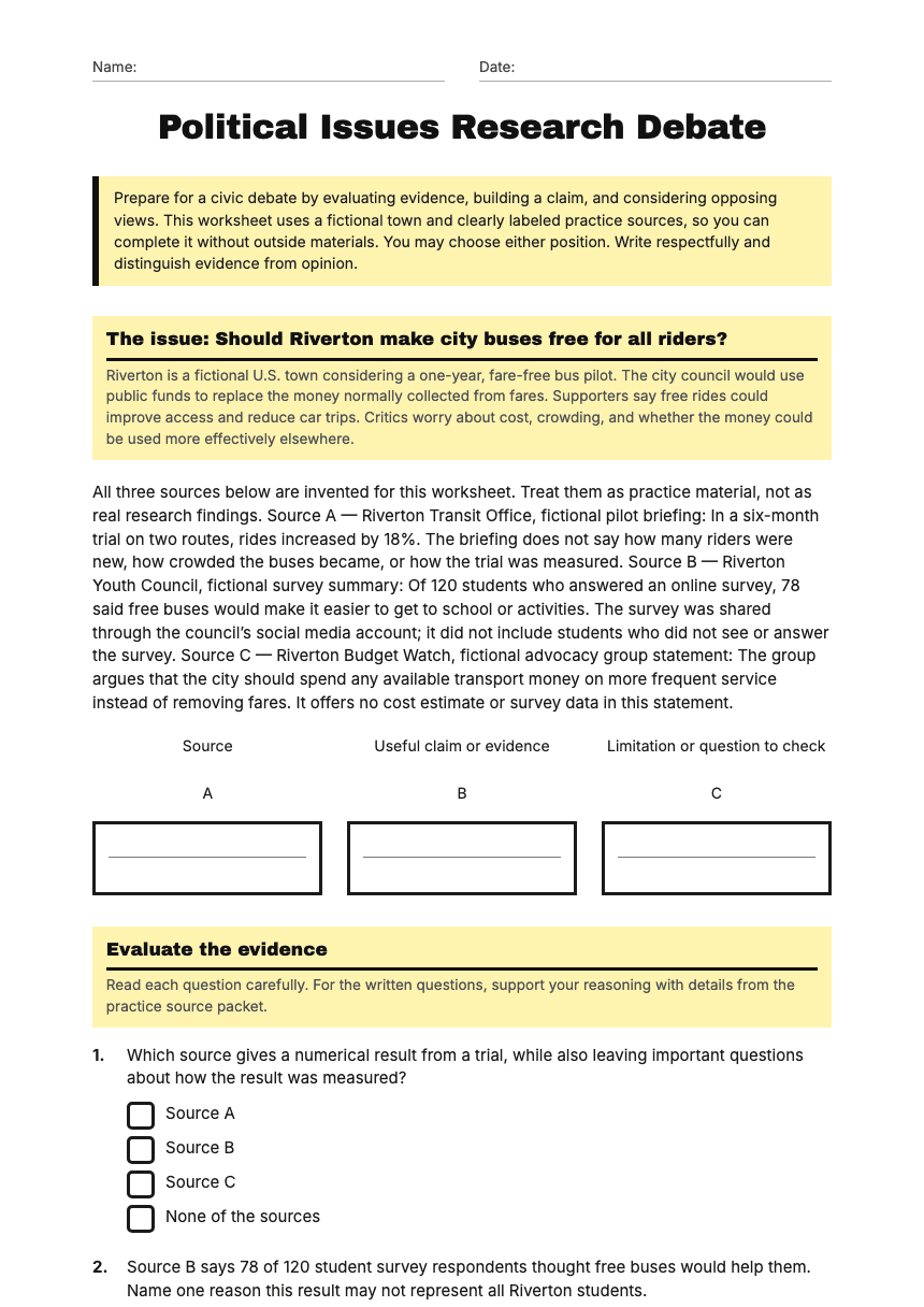 Political Issues Research Debate worksheet preview